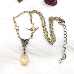 Brass Bird Necklace: Golden Crystal Art Nouveau Cottagecore Jewelry