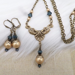 Art Nouveau Jewelry, Matching Faux Pearl and Crystal Necklace Earrings SET, Gold Pearl Jewelry, Blue Crystal Necklace, Ren Faire Jewelry