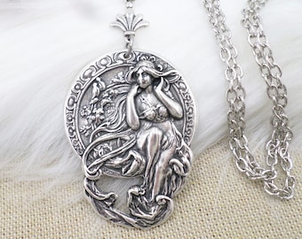 Silver Alphonse Mucha Necklace, Art Nouveau Goddess Pendant Necklace, Poetry Maiden Necklace, Silver Romantic Jewelry, Mom Holiday Gift