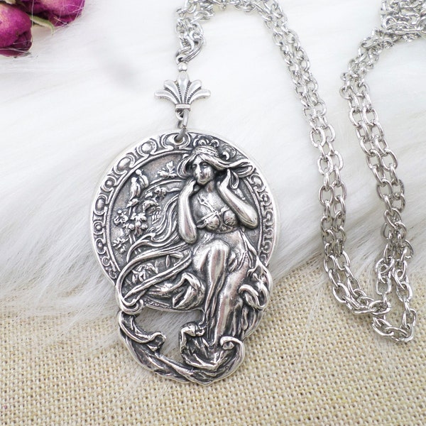 Silver Alphonse Mucha Necklace, Art Nouveau Goddess Pendant Necklace, Poetry Maiden Necklace, Silver Romantic Jewelry, Mom Holiday Gift