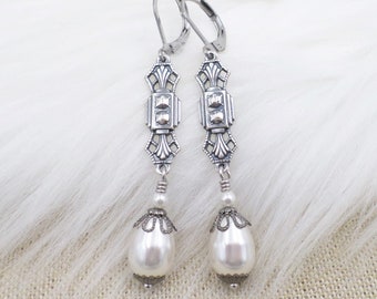 Art Deco White Pearl Drop Earrings, Slim Long Pearl Dangles, Art Nouveau Pearl Silver Jewelry, Flapper Party Jewelry Accessory, 1920's style