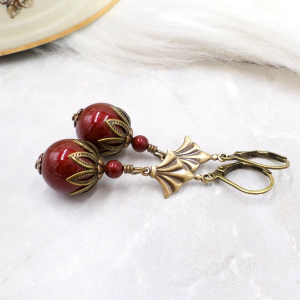 Red Pearl Art Deco Earrings: Handmade Antiqued Brass Dangles