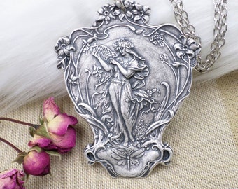 Silver Plated Goddess Necklace, Large Art Nouveau Lady Pendant, Romantic Alphonse Mucha Style Jewelry Gift, Angelcore Statement Necklace