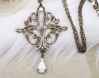 Brass Fleur de Lis French Pendant Necklace, Large Botanical Open Leaf Necklace, Art Nouveau Jewelry, Grandmacore gift, Mother's Day Gift