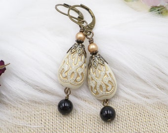 Victorian Earrings, Cream Off White Jewelry, Acrylic Bead, Black Pearl Dangle, Ren Faire Jewelry, Renaissance Earrings, Gift For Mom