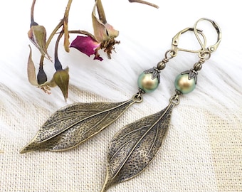 Boho Brass Leaf Earrings: Handmade Green Faux Pearl Rustic Dangle Jewelry
