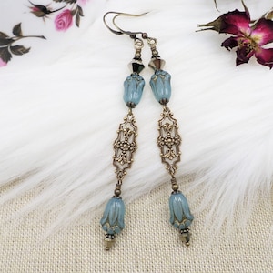 Blue Czech Glass Flower Earrings, Delicate Feminine Cottagecore Jewelry, Dark Coquette Aesthetic, Forest Fairy, Victorian Brass filigree