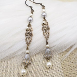 Cream Gray Pearl Earrings, Victorian Brass Filigree Dangle, Light Coquette flowercore Drop, Czech Flower Bead Jewelry, Vanilla Girl Feminine