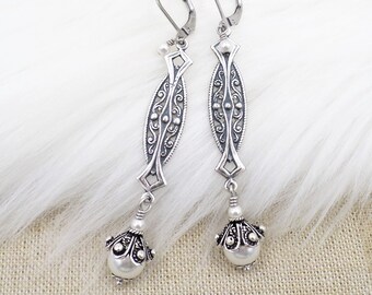 Silver Art Deco Earrings: Handmade White Pearl Dangles