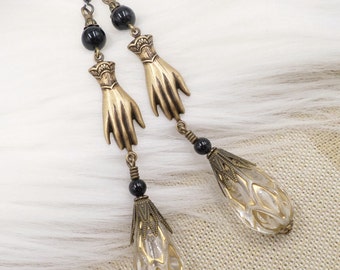 Victorian Hand Dangle Earrings: Acrylic, Gold, Black Crystal, Cottagegoth Style