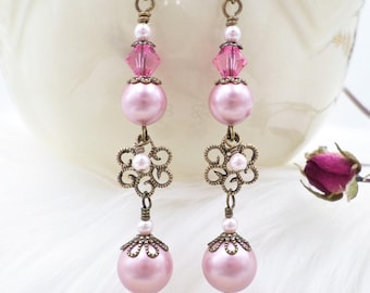Pink Pearl Long Dangle Earrings: Victorian Style Brass Filigree Jewelry