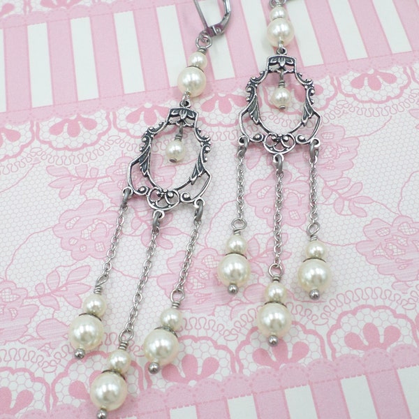 Cream Pearl Chandelier Earrings, Victorian Reproduction Silver Bridal Jewelry, Ornate Dressy Chain Handmade Dangles, Renaissance Aesthetic