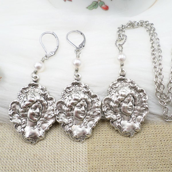 Victorian Maiden Necklace SET, Reproduction Jewelry, Silver Plated, White Pearls, Coquette Feminine Jewelry, Royalcore Aesthetic, Softcore