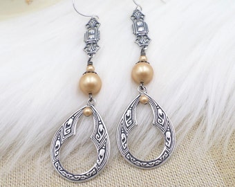 Silver Art Deco Earrings, Long Gold pearl Dangles, Modern Geometric Keyhole Earrings, Flapper Party Dangles, Roaring 1920's Party Jewelry