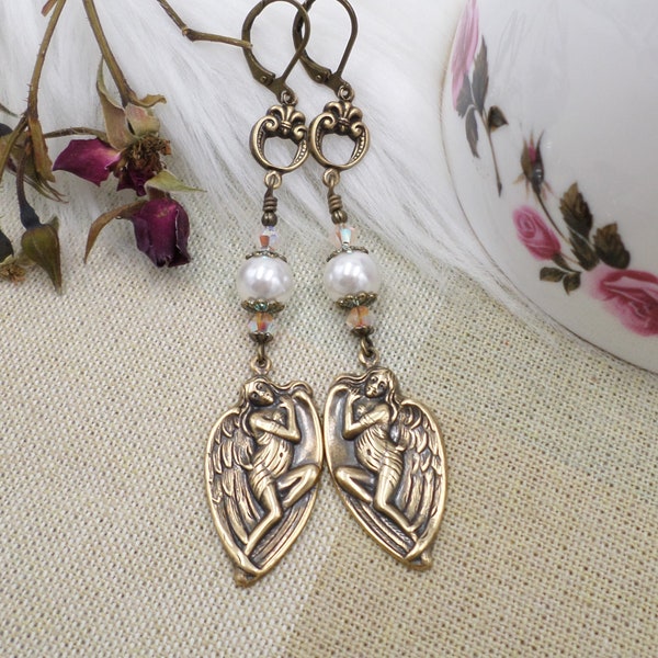 Sleeping Angel Earrings, White Pearl Dangle, Spiritual Jewelry, Guardian Angel Earring Gift For Friend, Crystal Pearl Art Nouveau Jewelry