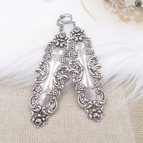 BIG Silver Earrings,  Sterling Silver Plated Brass Floral Filigree Statement Drop Earrings, Victorian Style Jewelry, Mother's Day Gift