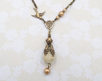 Victorian Necklace: Cream Acrylic Beads, Gold Pearls, Brass Bird