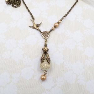 Victorian Necklace: Cream Acrylic Beads, Gold Pearls, Brass Bird