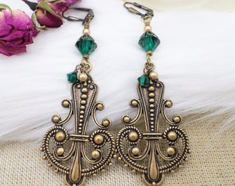 Green Crystal Earrings, Large Victorian Goth Earrings, Brass Filigree Emerald Crystal Jewelry, Ren Faire Viking Cosplay, Victorian Wedding