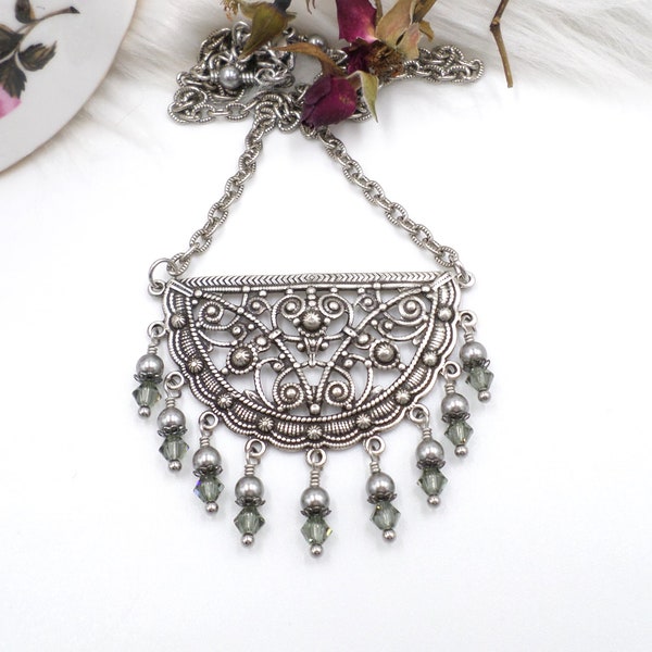 Silver Filigree Necklace, Black Diamond Crystals, Gray Pearl, Renaissance Victorian Aesthetic, Unique Fan Statement Chandelier Necklace