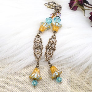 Czech Glass Flower Earrings: Brass Filigree Dangles, Goldenrod Yellow