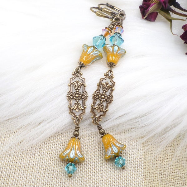 Czech Glass Flower Earrings, Blue Goldenrod Yellow, Brass Filigree Victorian Handmade Jewelry, coquette Feminine Design, flowercore Dangles