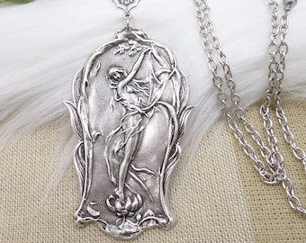 Silver Art Nouveau Lily Flower Necklace: Goddess Nymph Pendant