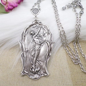 Silver Goddess Lily Flower Necklace, Art Nouveau Angel Pendant, Romantic Woman Nymph Jewelry, Poetry Lover Jewelry Gift Mom Girlfriend