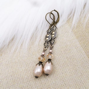 Champagne Beige Almond Long Pearl Earrings, Art Deco Golden Crystal ...