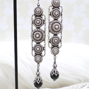 Art Deco Statement Earrings: Antique Silver Tone Long Dangles with Black Faux Pearls