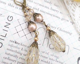 Champagne Pearl & Acrylic Teardrop Earrings, Art Deco Style Brass Handmade Jewelry