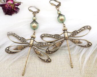 Big Dragonfly Earrings, Brass Insect Statement Dangles, Cottagecore Jewelry, Fairycore Earthy Outdoor Jewelry, Bug Insect Gift