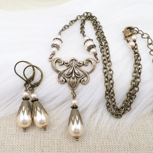 Cream Pearl Victorian Brass Necklace Earrings Matching SET,  Art Nouveau Bridal Jewelry, Edwardian Wedding Pearl Statement Necklace