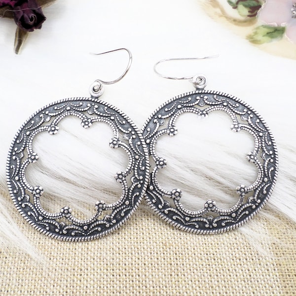 Victorian Silver filigree Hoop Earrings, Dark Silver Brass Moroccan Hoops, Tribal Ethnic Round Circles, Cottagecore Earrings, Gift Under 30