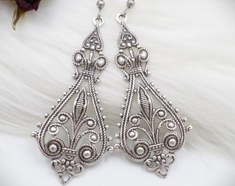 Large Silver Filigree Earrings, Victorian Aesthetic, Big Statement Jewelry, Ren Faire Jewelry, Medieval Bride Aesthetic, Romantic Jewelry