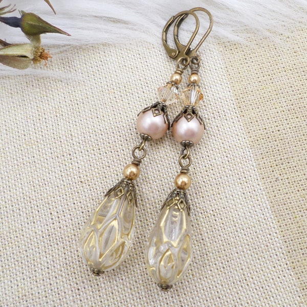 Art Deco Earrings, Acrylic Bead, Champagne Pearl, Golden Crystal Handmade Jewelry, Neutral Colors, Flapper Party, Art Deco Bride, Mom Gift