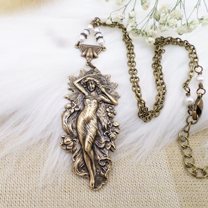 Brass Goddess Necklace: White Glass Pearls, Romantic Academia Jewelry