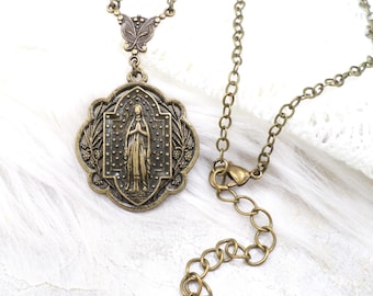Vintage Style Virgin Mary Medallion Necklace, Antique Bronze Tone Blessed Mother Pendant, Faith Jewely