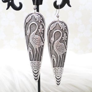 Antique Silver Plated Crane Earrings: Art Nouveau Bird Dangle Jewelry