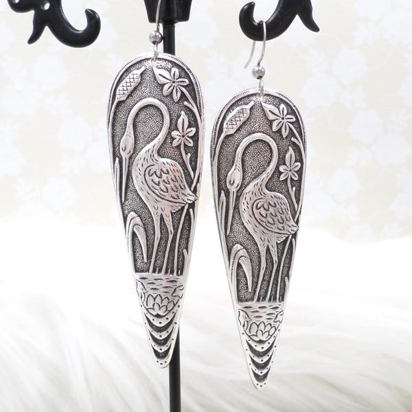 Antique Silver Plated Crane Earrings: Art Nouveau Bird Dangle Jewelry