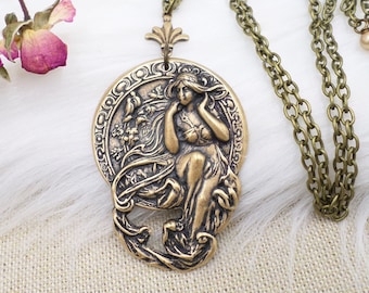 Brass Alphonse Mucha Style Art Nouveau Pendant Necklace, Poetry Maiden Goddess Necklace, Gold Plated Romantic Woman Jewelry, Mom Gift Idea