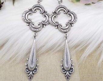 Silver Medieval Long Earrings, Big Silver Plated Quatrefoil Statement Drop Dangle, Ren Faire cosplay, Goth Cosplay Silver Fairycore Earrings