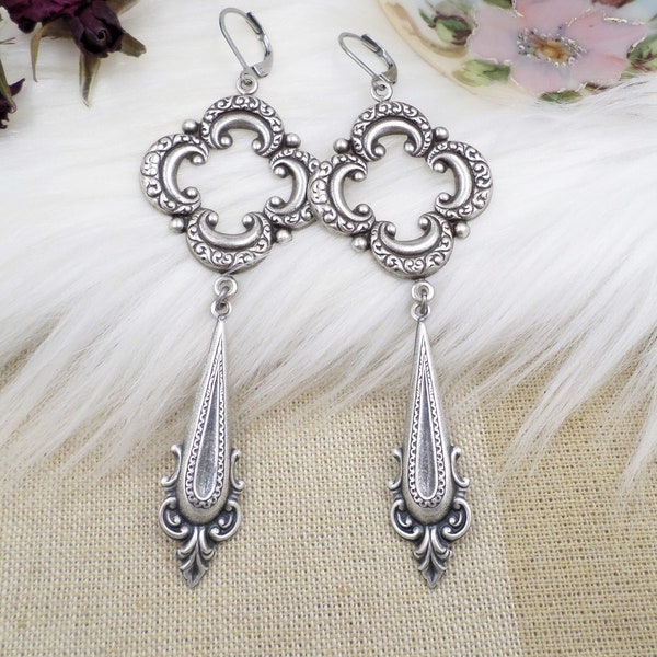 Silver Medieval Long Earrings, Big Silver Plated Quatrefoil Statement Drop Dangle, Ren Faire cosplay, Goth Cosplay Silver Fairycore Earrings