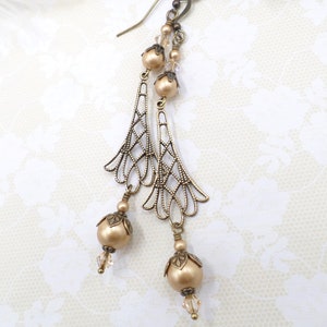 Gold Pearl Art Deco Earrings: Champagne Crystal Filigree Dangle
