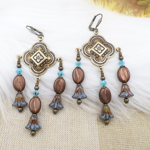 Brass Quatrefoil Earrings, Statement Chandelier Earrings, Coffee Bean Jewelry, Rustic Brown Blue Jewelry, Ren Faire Cosplay, Edgy Unique