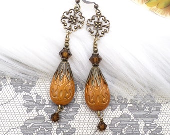 Victorian Brass Filigree Earrings: Orange Acrylic Bead Brown Crystal Handmade Fall Jewelry