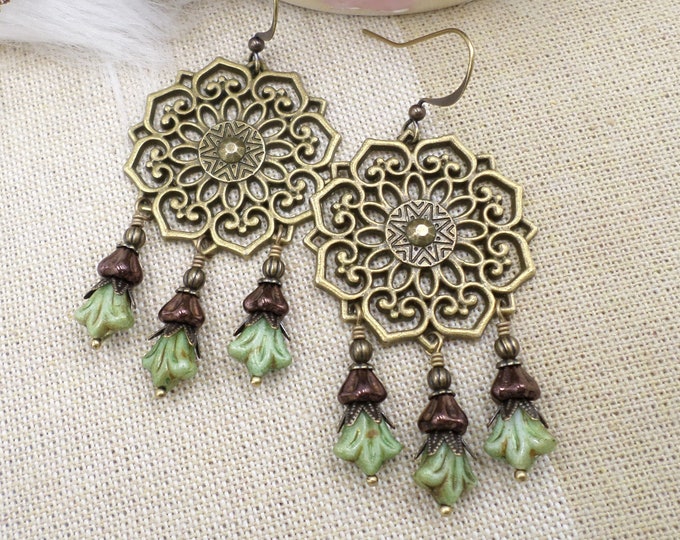Green and Brown Flower Chandelier Earrings, Cottagecore Earthcore ...