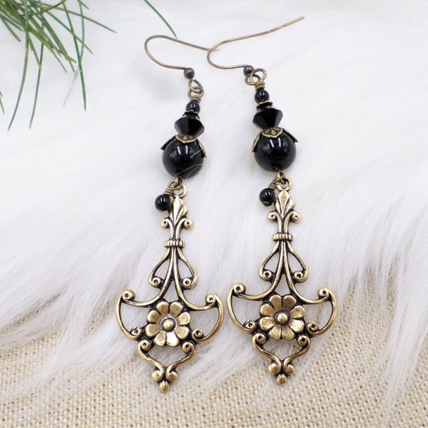 Victorian Style Earrings, Brass Filigree Earrings, Black Pearl Crystal Drop Dangle Earrings, Gothic Jewelry, Dark Academia, Cottagegoth