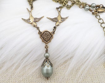 Sage Green Pearl Necklace: Brass Swallow Birds, Cottagecore Jewelry