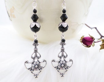 Victorian Style Earrings, Silver Filigree Earrings, Black Pearl Crystal Drop Dangle Earrings, Gothic Jewelry, Dark Academia, Cottagegoth